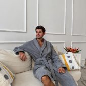 Mens Terry Cloth Bathrobe, Premium 100% Cotton Robe With Shawl Collar, Grey Spa Robe For Mens, Soft Waffle Robe, Self Care Gift For Mens