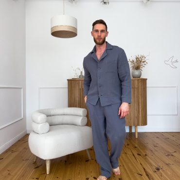 Men’s 100% Muslin Pajama Set, Long Sleeve Button Shirt&pants, Organic Cotton 2-layer Lounge Set,soft Sleepwear With Pockets,mens Relaxed Fit