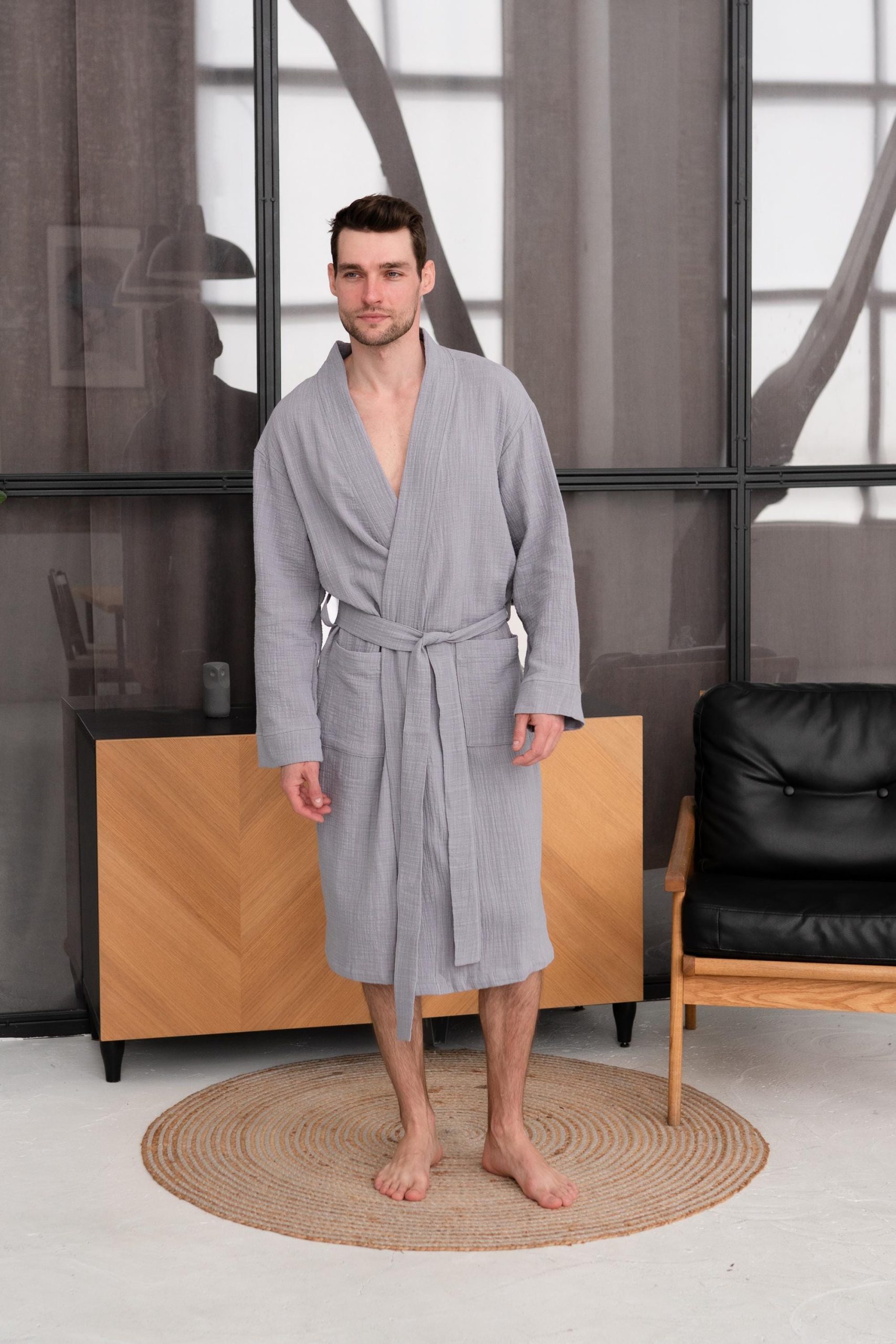 Men’s Muslin Cotton Robe, Textured Double-layer Bathrobe With Pockets, Lightweight Loungewear Robe, 100% Cotton, Self Care Gift For Mens