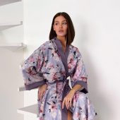 Long Satin Kimono Robe, Lavender Floral Robe With Slits, Elegant Lightweight Loungewear For Women, Bridal Gift, Birthday Gift For Women