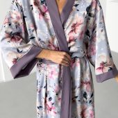 Long Satin Kimono Robe, Lavender Floral Robe With Slits, Elegant Lightweight Loungewear For Women, Bridal Gift, Birthday Gift For Women