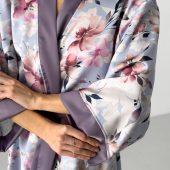 Long Satin Kimono Robe, Lavender Floral Robe With Slits, Elegant Lightweight Loungewear For Women, Bridal Gift, Birthday Gift For Women