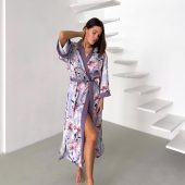 Long Satin Kimono Robe, Lavender Floral Robe With Slits, Elegant Lightweight Loungewear For Women, Bridal Gift, Birthday Gift For Women