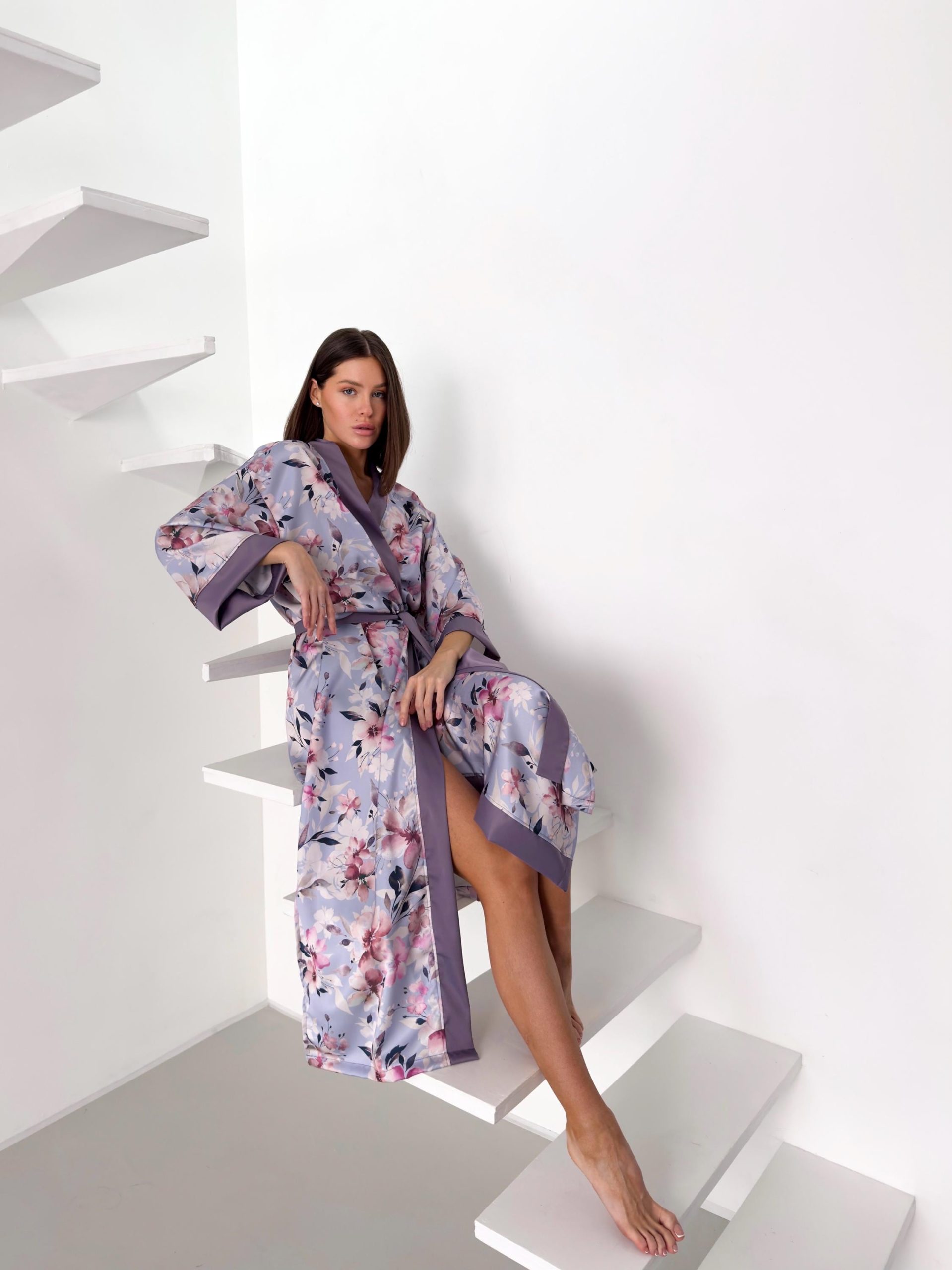 Long Satin Kimono Robe, Lavender Floral Robe With Slits, Elegant Lightweight Loungewear For Women, Bridal Gift, Birthday Gift For Women