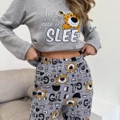Soft & Warm Leo Print Pajama Set, Cozy Grey Cotton Fleece Sleepwear With Print, Cute Animal Print Pjs, Gift For Her, Long Sleeve Pajama Set