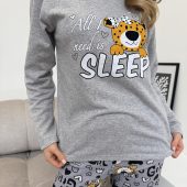 Soft & Warm Leo Print Pajama Set, Cozy Grey Cotton Fleece Sleepwear With Print, Cute Animal Print Pjs, Gift For Her, Long Sleeve Pajama Set