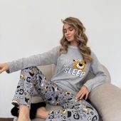 Soft & Warm Leo Print Pajama Set, Cozy Grey Cotton Fleece Sleepwear With Print, Cute Animal Print Pjs, Gift For Her, Long Sleeve Pajama Set