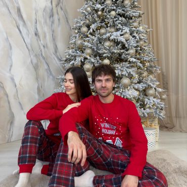 Men’s Winter Holiday Pajama Set, Red Long Sleeve & Plaid Pants, Warm Cotton Fleece Sleepwear With Pockets, Cozy Christmas Pjs,mens Self-care