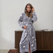Housecoat For Women Cat Print, Warm Hooded Bathrobe, Cozy Soft Velsoft Robe, Long Plush Bathrobe For Women, Warm Grey Lounge Robe