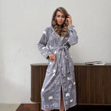 Housecoat For Women Cat Print, Warm Hooded Bathrobe, Cozy Soft Velsoft Robe, Long Plush Bathrobe For Women, Warm Grey Lounge Robe