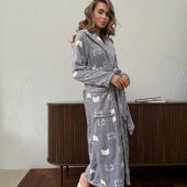 Housecoat For Women Cat Print, Warm Hooded Bathrobe, Cozy Soft Velsoft Robe, Long Plush Bathrobe For Women, Warm Grey Lounge Robe