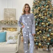 Warm Cat Pajama Set For Women, Soft Velsoft Loungewear, Cozy Grey Fleece Pjs, Cute Winter Homewear, Gift For Her, Long Sleeve Pajama Set
