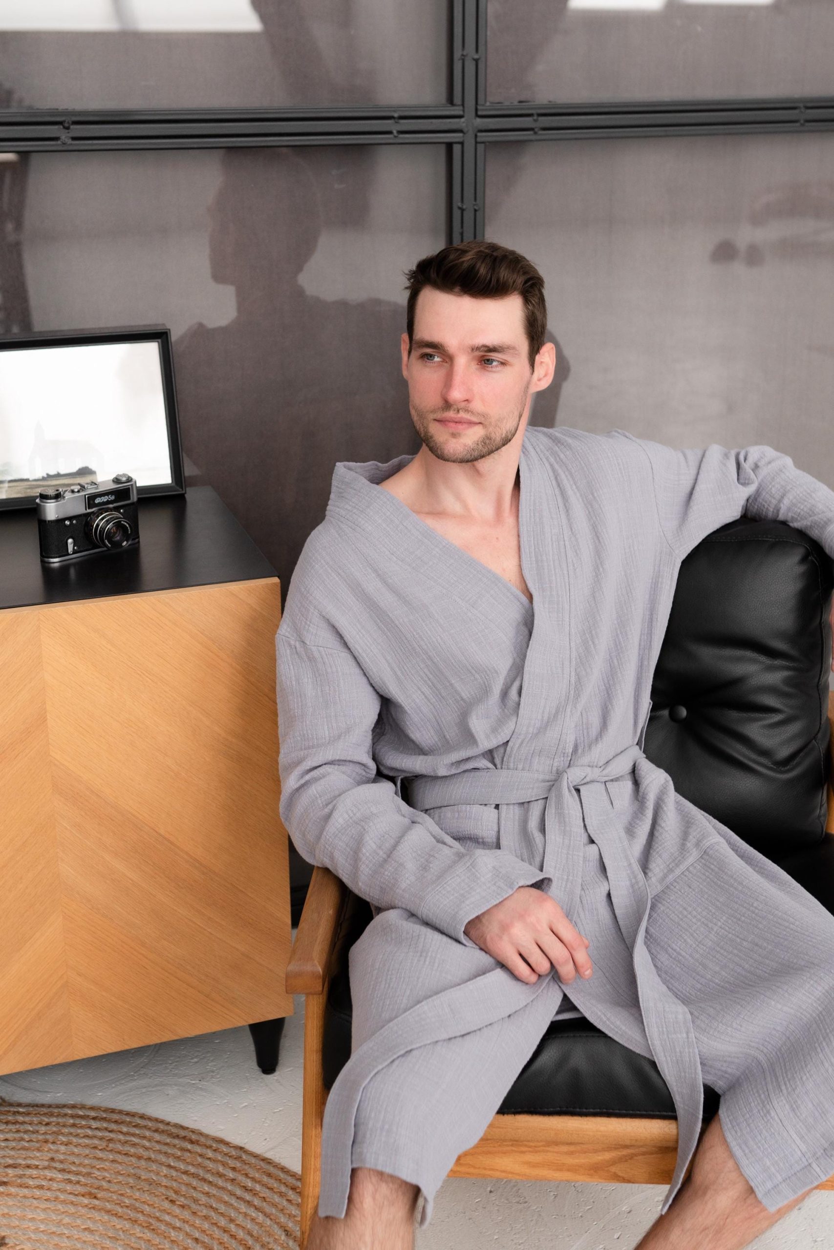 Men’s Muslin Cotton Robe, Textured Double-layer Bathrobe With Pockets, Lightweight Loungewear Robe, 100% Cotton, Self Care Gift For Mens