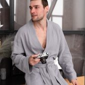 Men’s Muslin Cotton Robe, Textured Double-layer Bathrobe With Pockets, Lightweight Loungewear Robe, 100% Cotton, Self Care Gift For Mens