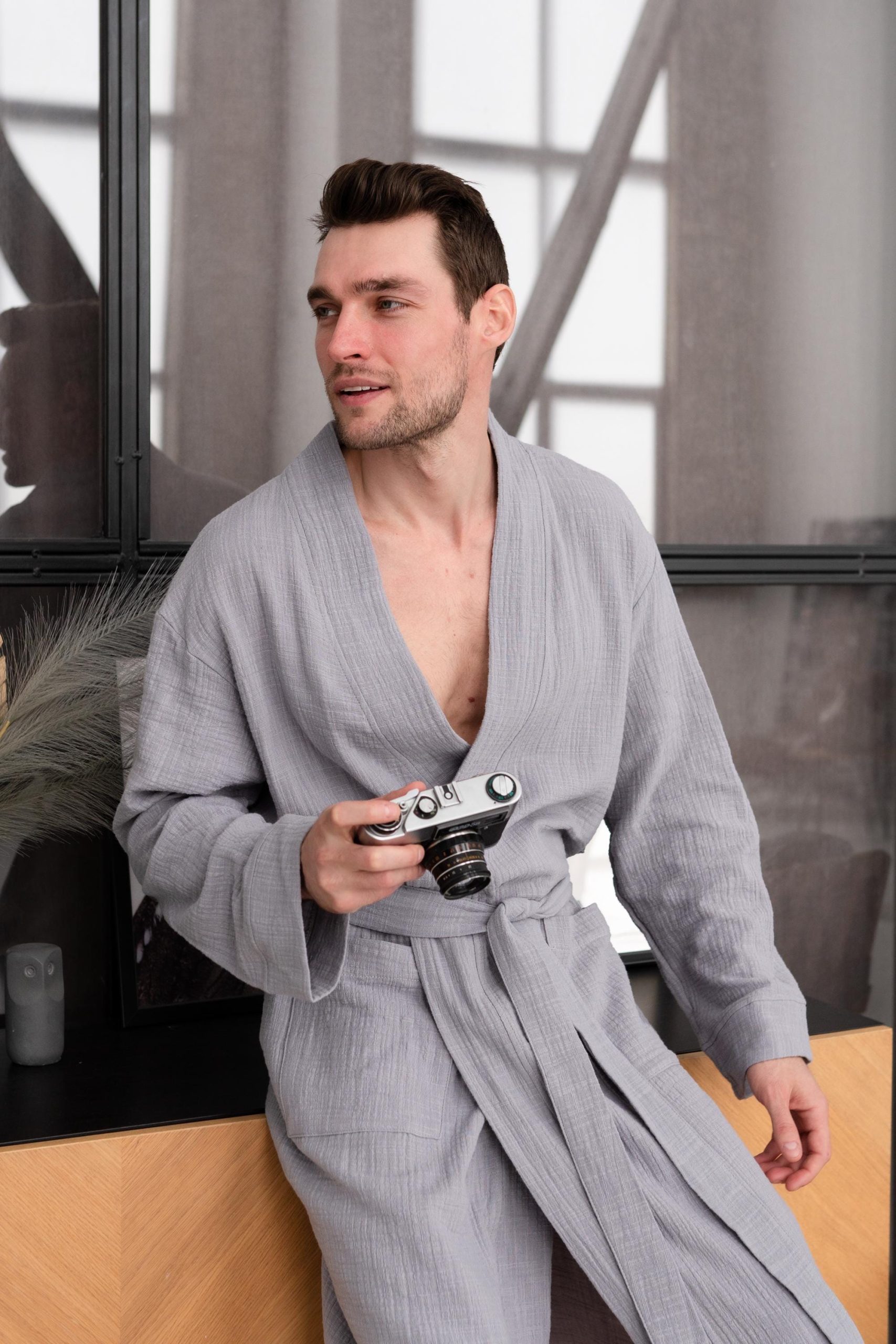 Men’s Muslin Cotton Robe, Textured Double-layer Bathrobe With Pockets, Lightweight Loungewear Robe, 100% Cotton, Self Care Gift For Mens