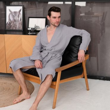 Men’s Muslin Cotton Robe, Textured Double-layer Bathrobe With Pockets, Lightweight Loungewear Robe, 100% Cotton, Self Care Gift For Mens