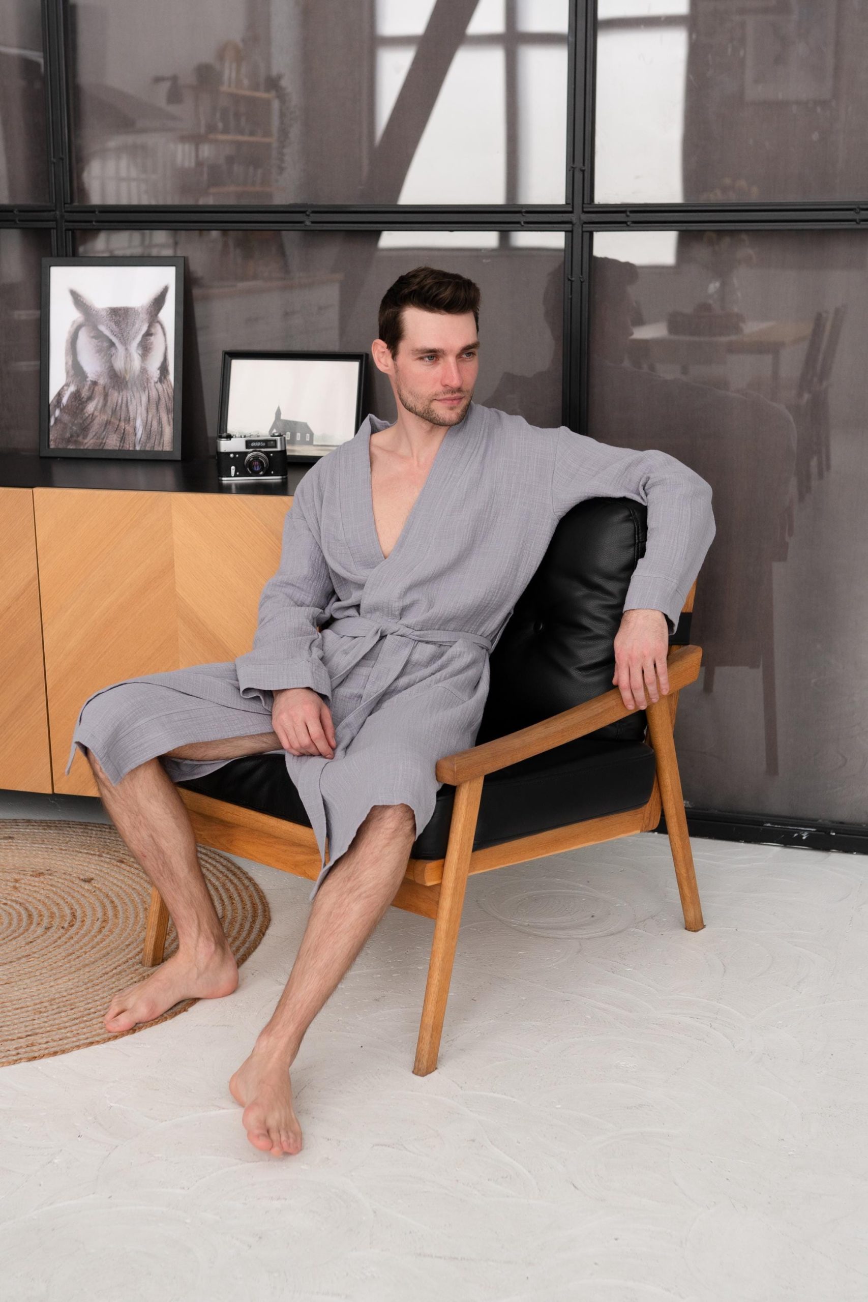 Men’s Muslin Cotton Robe, Textured Double-layer Bathrobe With Pockets, Lightweight Loungewear Robe, 100% Cotton, Self Care Gift For Mens