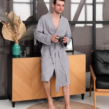 Men’s Muslin Cotton Robe, Textured Double-layer Bathrobe With Pockets, Lightweight Loungewear Robe, 100% Cotton, Self Care Gift For Mens