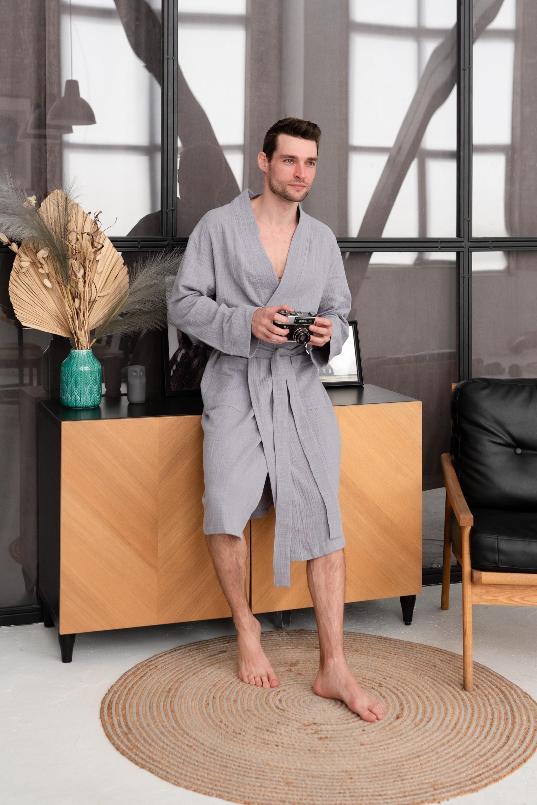Men’s Muslin Cotton Robe, Textured Double-layer Bathrobe With Pockets, Lightweight Loungewear Robe, 100% Cotton, Self Care Gift For Mens