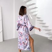 Long Satin Kimono Robe, Lavender Floral Robe With Slits, Elegant Lightweight Loungewear For Women, Bridal Gift, Birthday Gift For Women