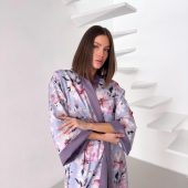 Long Satin Kimono Robe, Lavender Floral Robe With Slits, Elegant Lightweight Loungewear For Women, Bridal Gift, Birthday Gift For Women