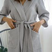 Waffle Bathrobe With Hood, 100% Cotton Women Robe, Lightweight Spa Robe With 3/4 Sleeves,post-shower Loungewear, Gift For Her,self-care Robe