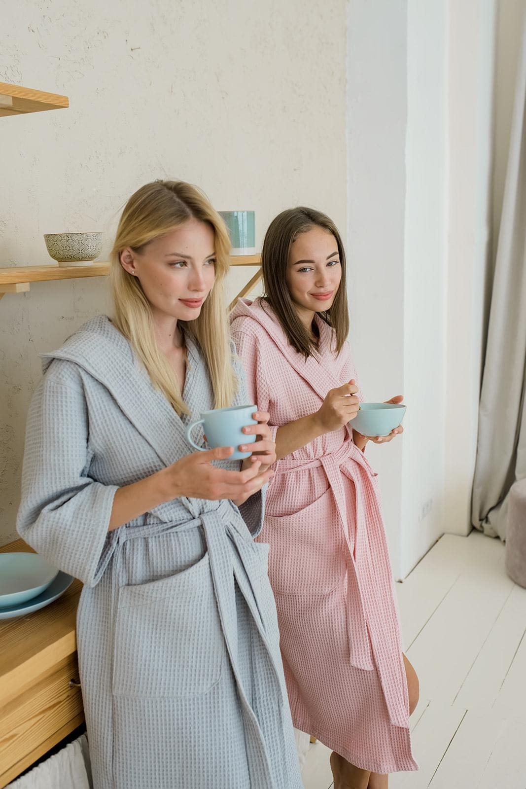 Waffle Bathrobe With Hood, 100% Cotton Women Robe, Lightweight Spa Robe With 3/4 Sleeves,post-shower Loungewear, Gift For Her,self-care Robe