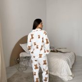 Cozy Teddy Bear Print Flannel Pajamas Women, 100% Cotton Winter Sleepwear, Button Up Shirt & Pants Lounge Set Gift