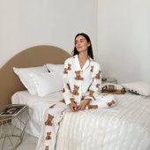 Cozy Teddy Bear Print Flannel Pajamas Women, 100% Cotton Winter Sleepwear, Button Up Shirt & Pants Lounge Set Gift