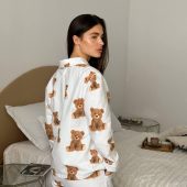 Cozy Teddy Bear Print Flannel Pajamas Women, 100% Cotton Winter Sleepwear, Button Up Shirt & Pants Lounge Set Gift