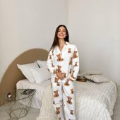 Cozy Teddy Bear Print Flannel Pajamas Women, 100% Cotton Winter Sleepwear, Button Up Shirt & Pants Lounge Set Gift