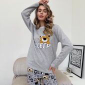 Soft & Warm Leo Print Pajama Set, Cozy Grey Cotton Fleece Sleepwear With Print, Cute Animal Print Pjs, Gift For Her, Long Sleeve Pajama Set