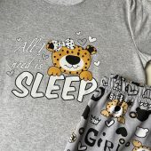 Soft & Warm Leo Print Pajama Set, Cozy Grey Cotton Fleece Sleepwear With Print, Cute Animal Print Pjs, Gift For Her, Long Sleeve Pajama Set