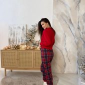 Women’s Winter Holiday Pajama Set, Red Long Sleeve&plaid Pants,warm Cotton Fleece Pajamas With Cuffs, Cozy Christmas Sleepwear,christmas Pjs