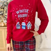 Women’s Winter Holiday Pajama Set, Red Long Sleeve&plaid Pants,warm Cotton Fleece Pajamas With Cuffs, Cozy Christmas Sleepwear,christmas Pjs