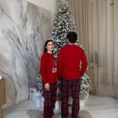 Men’s Winter Holiday Pajama Set, Red Long Sleeve & Plaid Pants, Warm Cotton Fleece Sleepwear With Pockets, Cozy Christmas Pjs,mens Self-care