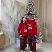 Men’s Winter Holiday Pajama Set, Red Long Sleeve & Plaid Pants, Warm Cotton Fleece Sleepwear With Pockets, Cozy Christmas Pjs,mens Self-care