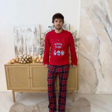 Men’s Winter Holiday Pajama Set, Red Long Sleeve & Plaid Pants, Warm Cotton Fleece Sleepwear With Pockets, Cozy Christmas Pjs,mens Self-care