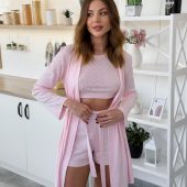 Rose Amour 3 Piece Pajama Set With Robe, Women’s Pink Cotton Loungewear, Crop Top, Shorts & Robe, Romantic Sleepwear Gift For Her