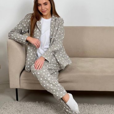 Women’s Flannel Pajama Set Grey Star Print, 100% Cotton Winter Sleepwear, Cozy Button Up Shirt & Pants Loungewear Gift