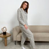 Women’s Flannel Pajama Set Grey Star Print, 100% Cotton Winter Sleepwear, Cozy Button Up Shirt & Pants Loungewear Gift