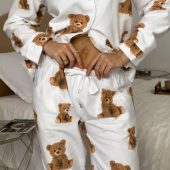 Cozy Teddy Bear Print Flannel Pajamas Women, 100% Cotton Winter Sleepwear, Button Up Shirt & Pants Lounge Set Gift