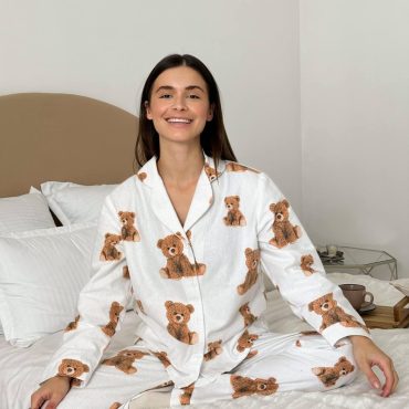 Cozy Teddy Bear Print Flannel Pajamas Women, 100% Cotton Winter Sleepwear, Button Up Shirt & Pants Lounge Set Gift