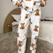Cozy Teddy Bear Print Flannel Pajamas Women, 100% Cotton Winter Sleepwear, Button Up Shirt & Pants Lounge Set Gift