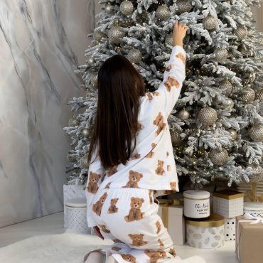 Cozy Teddy Bear Print Flannel Pajamas Women, 100% Cotton Winter Sleepwear, Button Up Shirt & Pants Lounge Set Gift