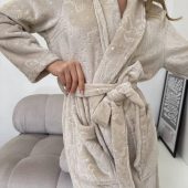 Kazka Women’s Velsoft Robe, Plush Cappuccino Shawl Collar Housecoat, Long Warm Winter Loungewear With Animal Print