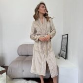 Kazka Women’s Velsoft Robe, Plush Cappuccino Shawl Collar Housecoat, Long Warm Winter Loungewear With Animal Print