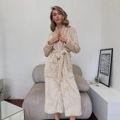 Kazka Women’s Velsoft Robe, Plush Cappuccino Shawl Collar Housecoat, Long Warm Winter Loungewear With Animal Print