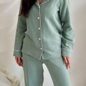Women’s Muslin Pajama Set Viva, Cotton Lounge Set Shirt & Pants, Green Sleepwear, Long Sleeve Button Up Pajama Set