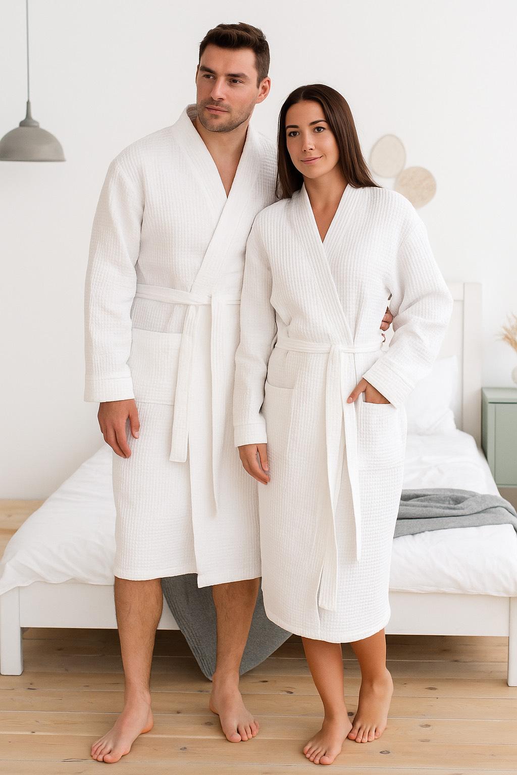 White Waffle Cotton Bathrobe Unisex Lightweight Spa Robe, Robe Gift For Sauna, Home & Bathroom Loungewear Gift For Couple, Goft For Parents